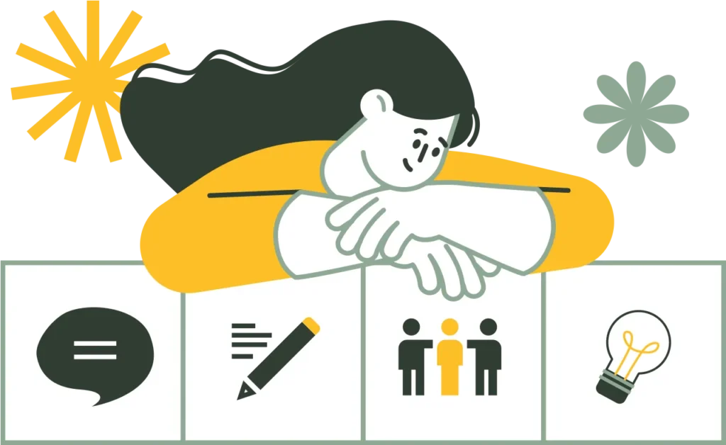 illsutration d'une femme penchées sur 4 cases représentant la communication, le coaching, la cohésion, les idées